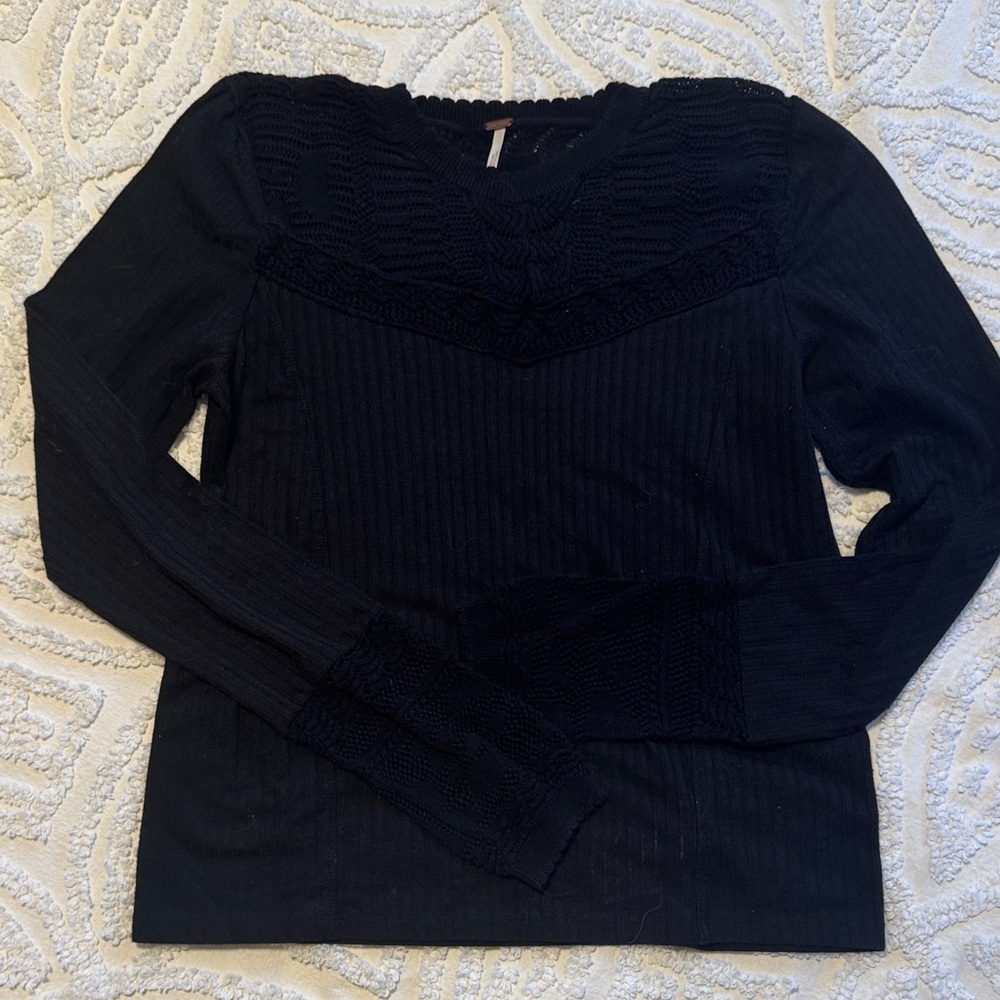 Free People Black Open-Knit Tee with Crochet Detail Medium